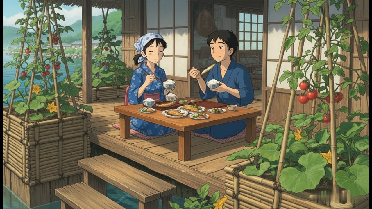 Peaceful Life on a Floating House: Harvest Tomato, Cucumber & Rustic Cooking | Ghibli-Style ASMR 🌿🍅🥒