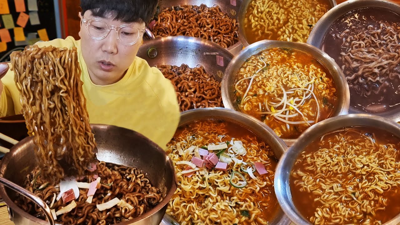 24시간 무인라면집!! 햄.어묵.떡.대파..토핑 무제한 공짜니깐 8그릇 털자!! KOREAN YASIGI MUKBANG