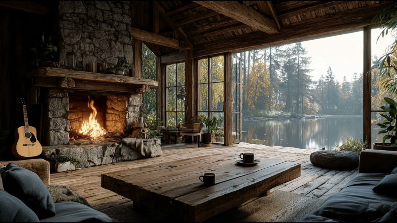 Fireplace Acoustic Guitar 🔥 Cozy Lake Cabin Relaxing Music