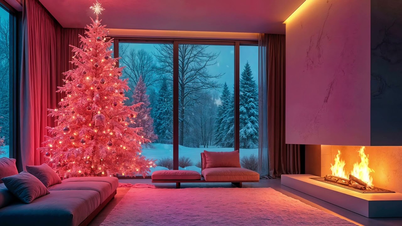 Minimalist Pink Christmas background | Modern Christmas Fireplace | Falling Snow Christmas Ambience
