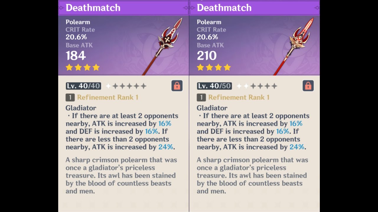Deathmatch weapon appearance base vs. ascended in Genshin Impact