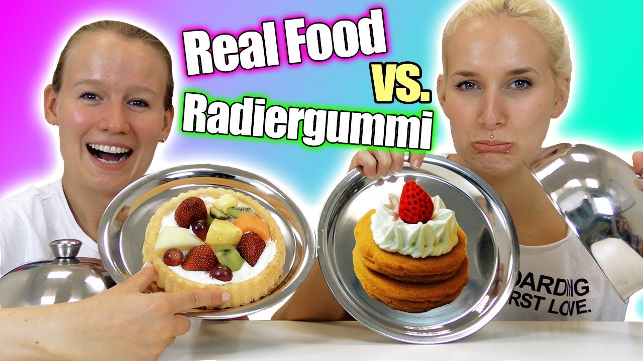 REAL FOOD vs RADIERGUMMI FOOD Challenge mit Kathi & Nina | Radiergummis essen? Spiel mit mir deutsch