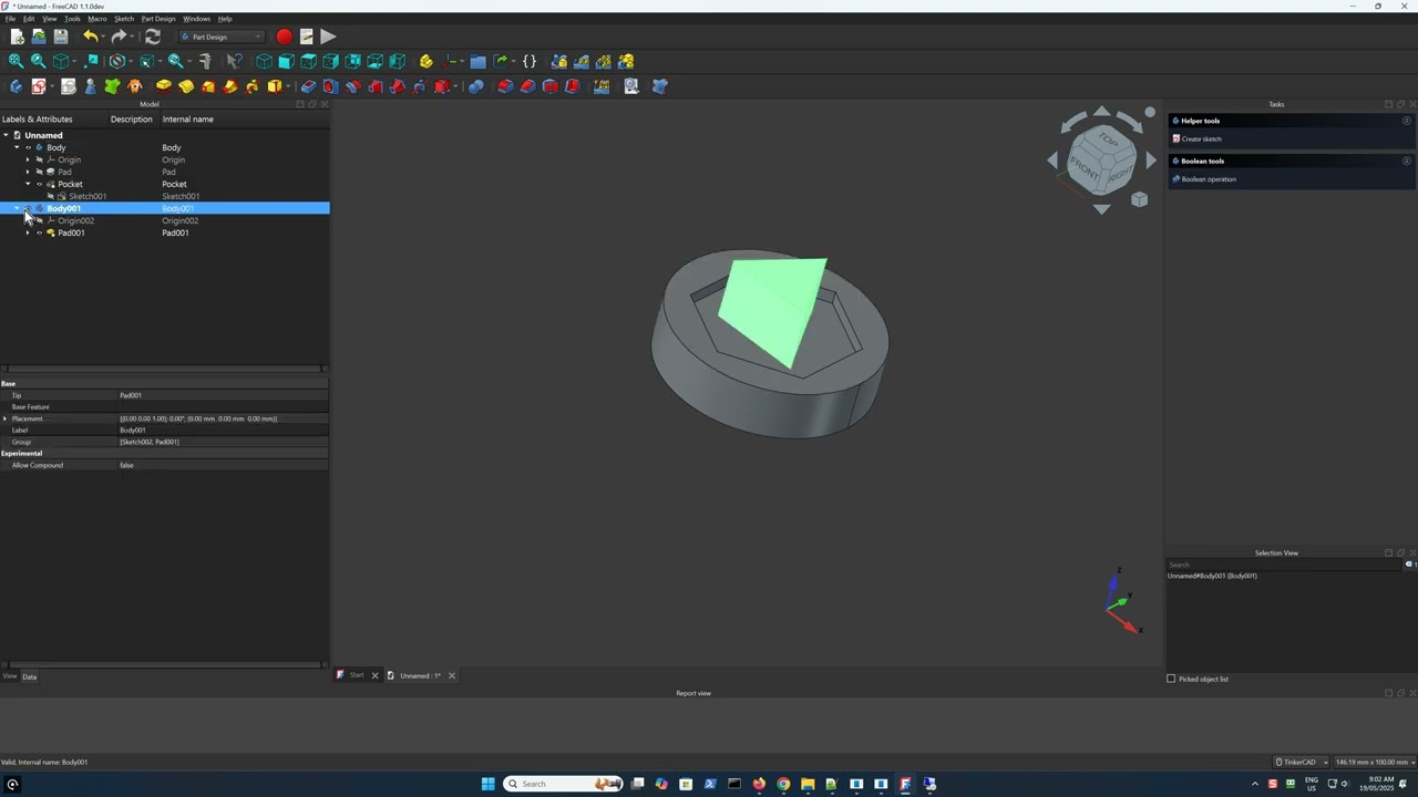 FreeCAD: New body  sketch created first then ShapeBinder follows