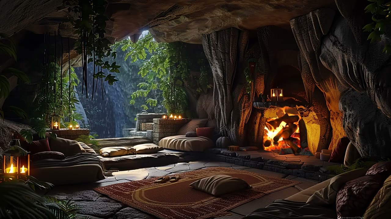 3 Hours of Forest Rain Heard from Inside a Cave  Fireplace Crackling for Nightlong Rest