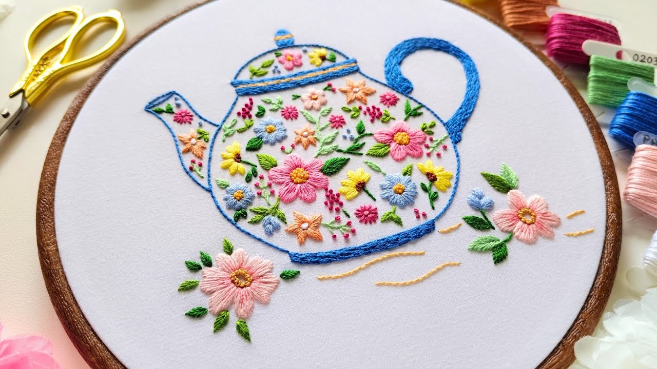 Floral Teapot hand embroidery | Kettle embroidery pattern | Infinite Thread Arts