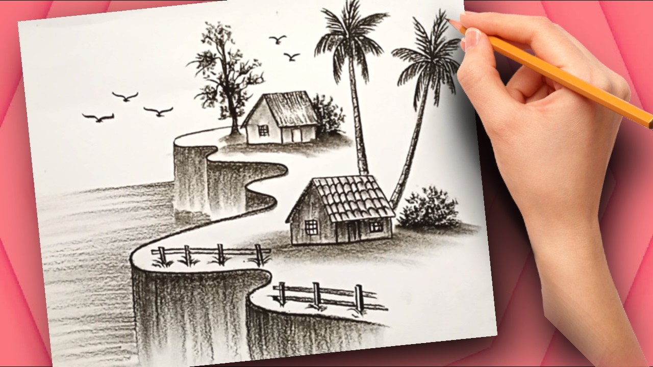 Simple Cliff Scenery Drawing with Pencil | Easy Landscape for Beginners