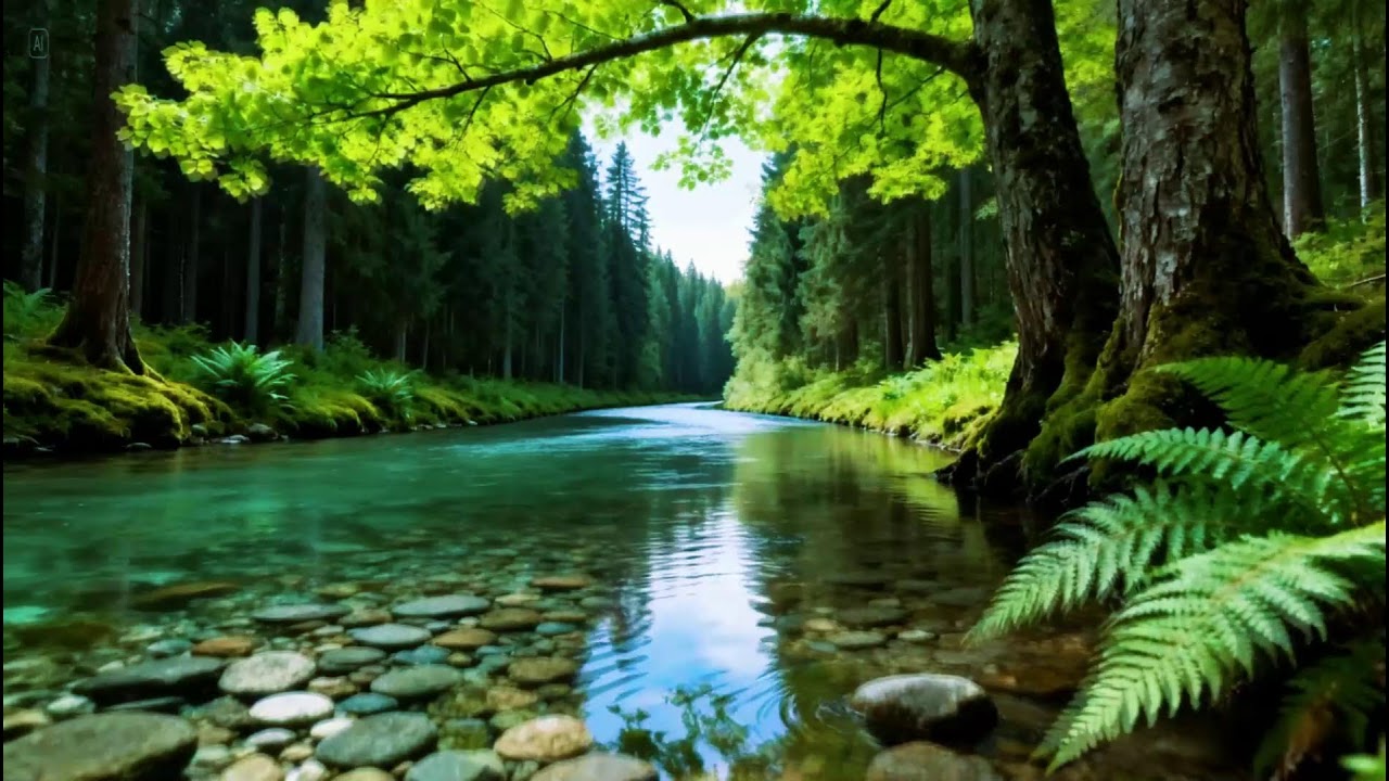 Healing Forest Ambience Sounds | River Flowing in Hidden Forest | Quiet Bird Chirping Nature Sounds