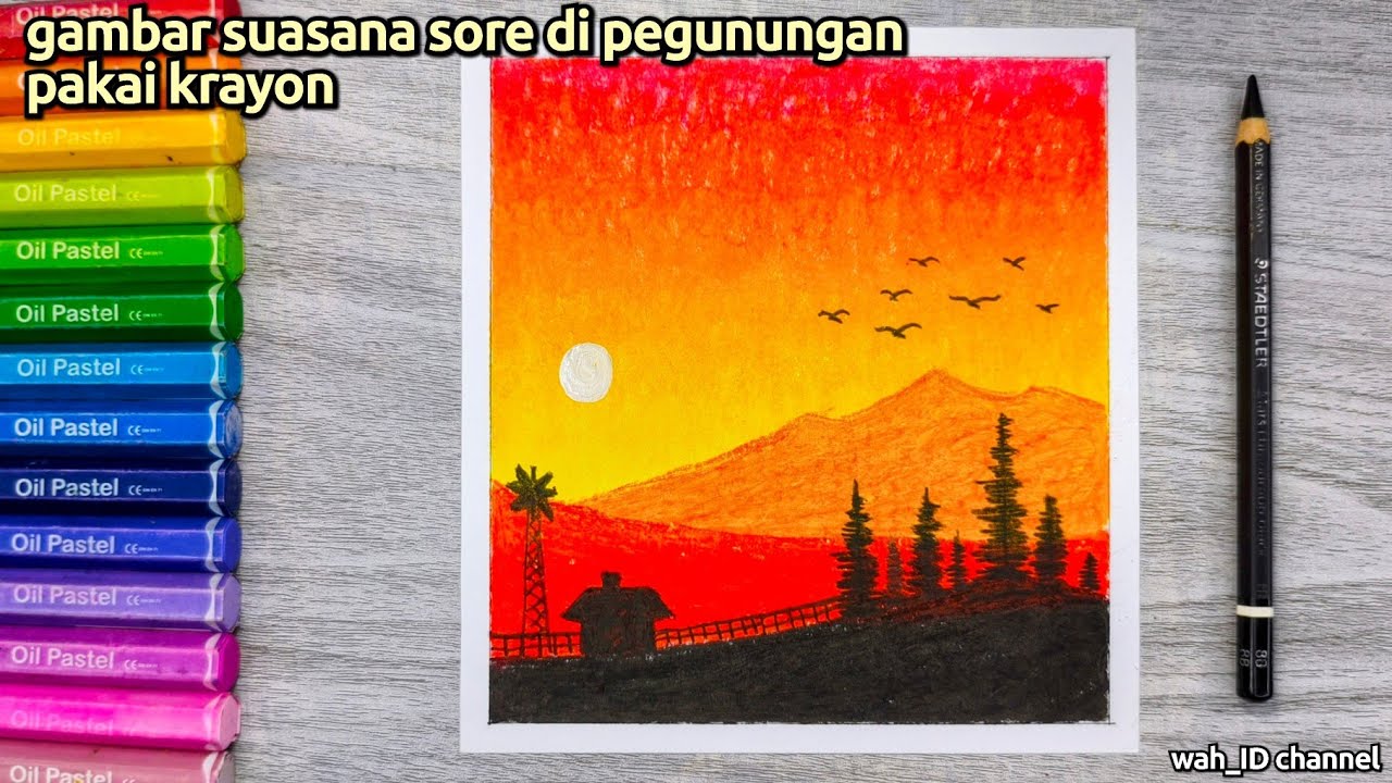 Gambar suasana di pegunungan pakai krayon | oil pastel drawing tutorial | krayon faber castel