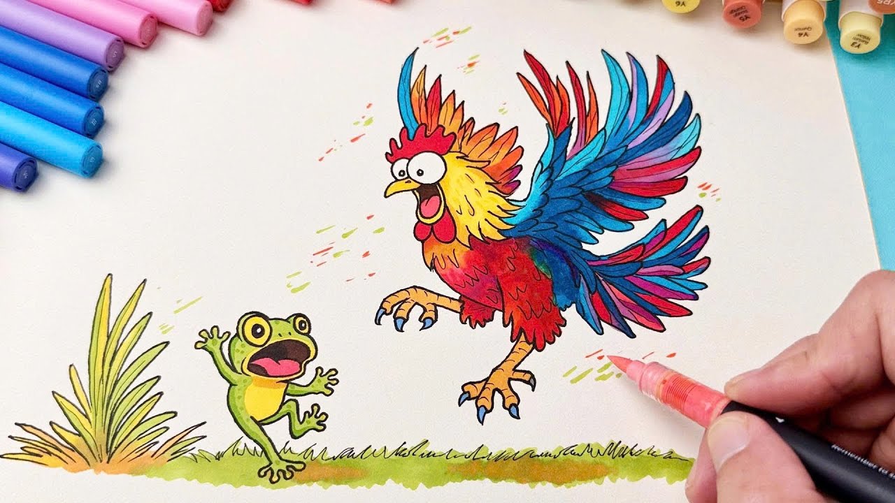 Draw This Funny Rooster & Scared Frog With Me