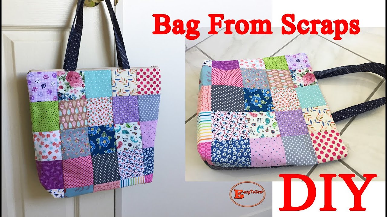 SQUARE PATCHWORK TOTE BAG | EASY BAG FROM FABRIC SCRAPS | ZIPPER TOTE BAG TUTORIAL |DIY BAG TUTORIAL