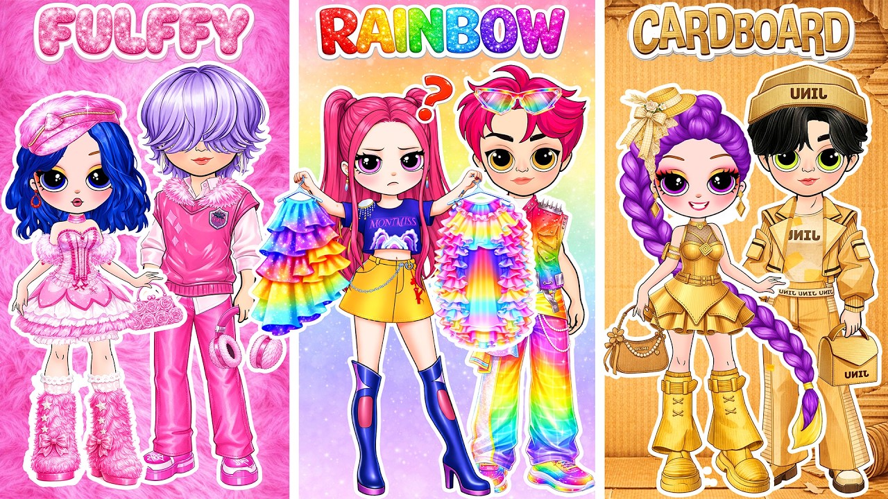 Huntrix & Saja Boys : CARDBOARD vs FLUFFY vs RAINBOW Couples Contest! | DIY Fashion Paper Dolls