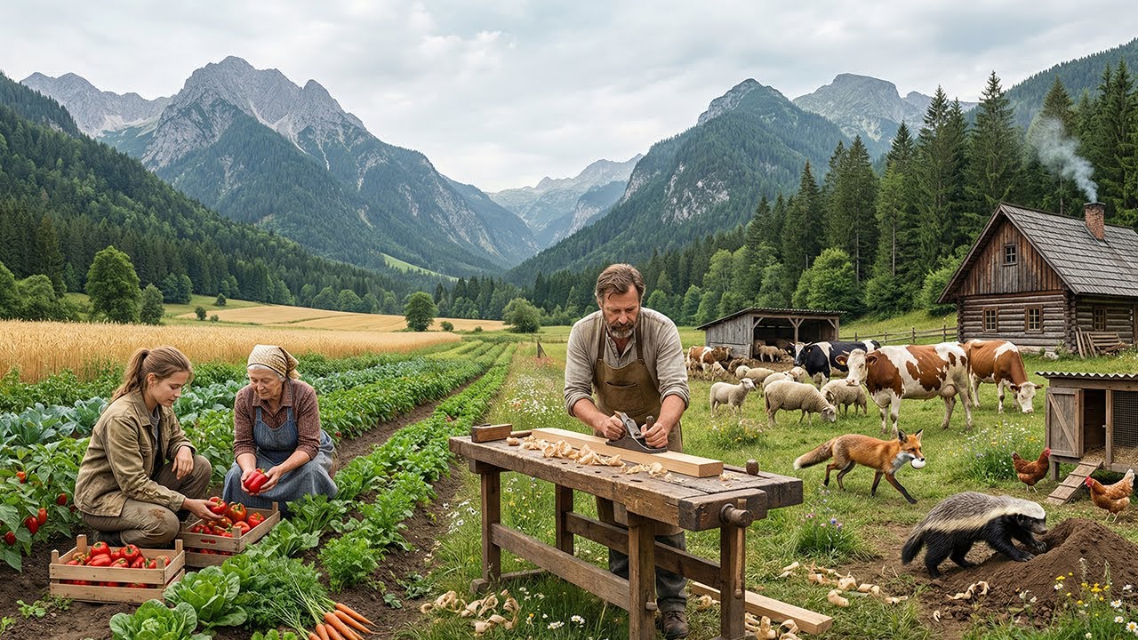 Bountiful Fruit & Vegetable Harvest in the Fields, Harvesting farm produce and making wooden items.