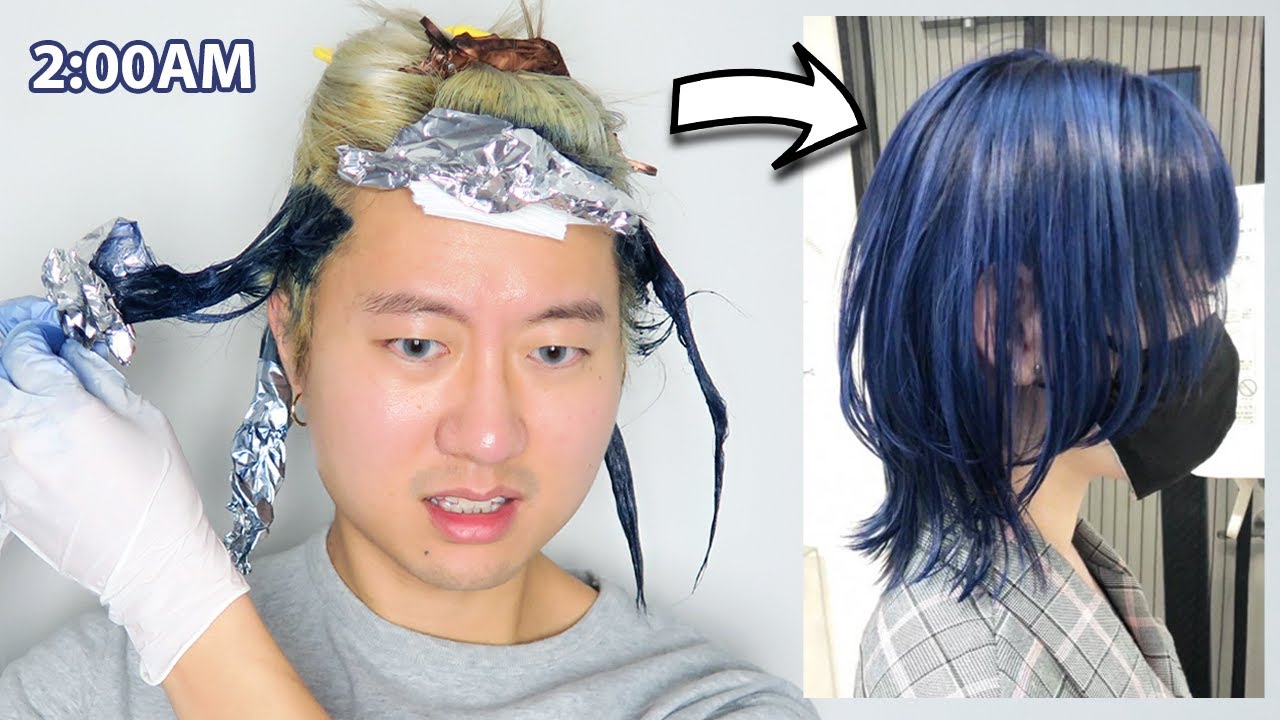 Dyeing my Blonde Wolfcut Blue at 2AM