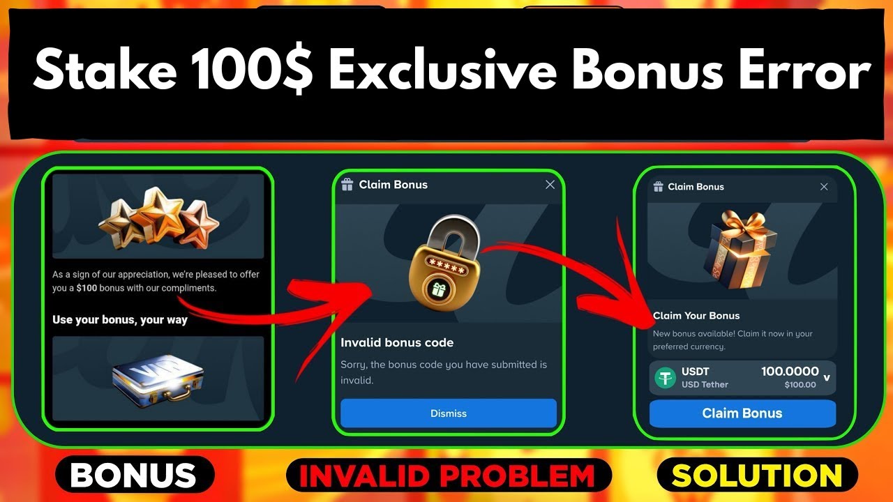 Stake 100$ Exclusive Bonus Error Solution✅ || Stale invalid bonus problem || Stake 100$ Bonus Hindi
