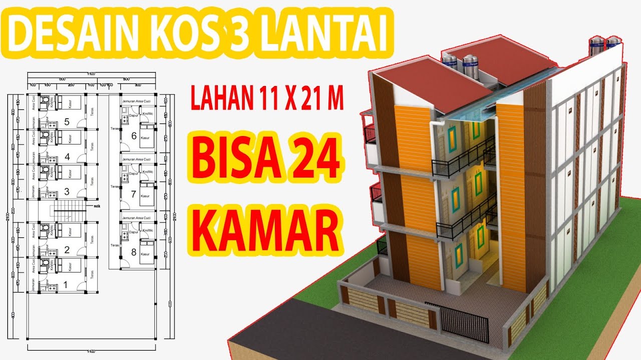 DESAIN KOS KOSAN 3X4 || 3 Lantai || Kamar Mandi Dalam, Dapur & Jemuran