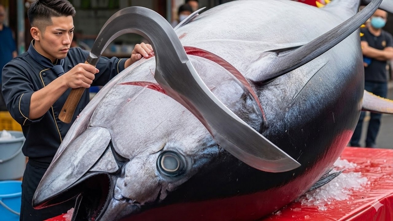 Surgeon precision cuts 500 kg giant bluefin tuna like a master