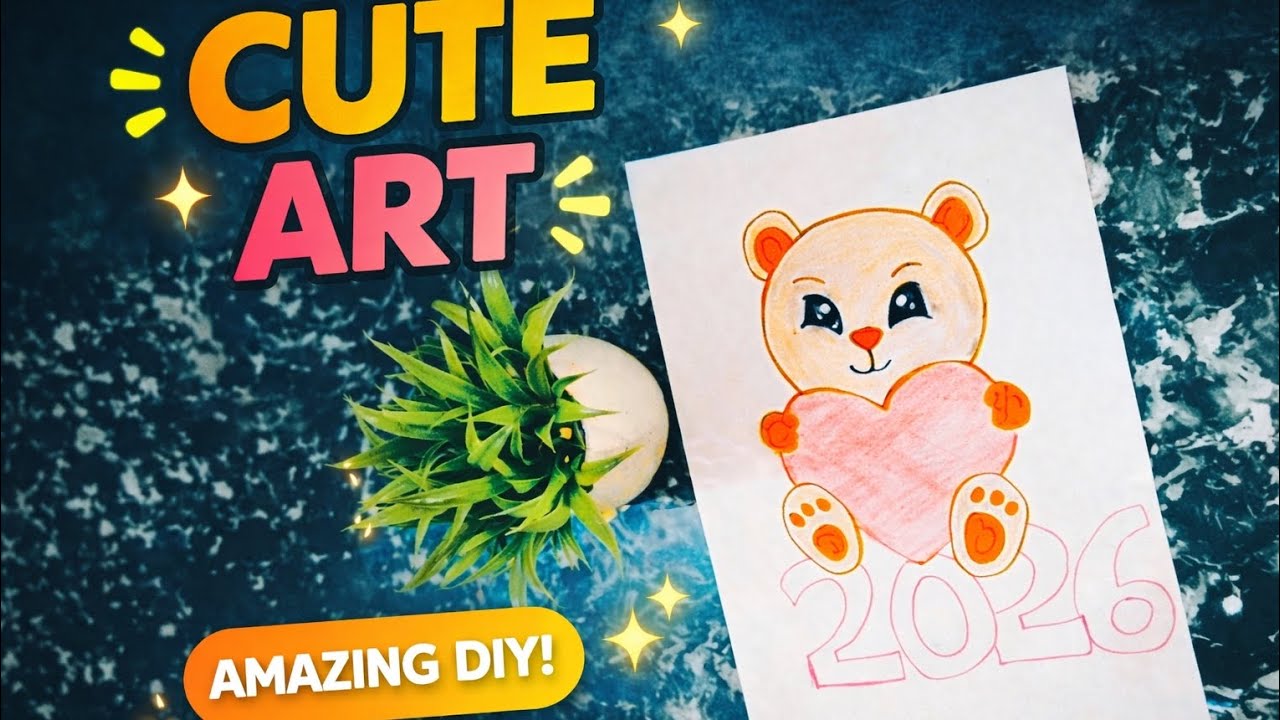 👉 Cute Teddy Happy New Year 2026 Card 💖 | Easy Drawing