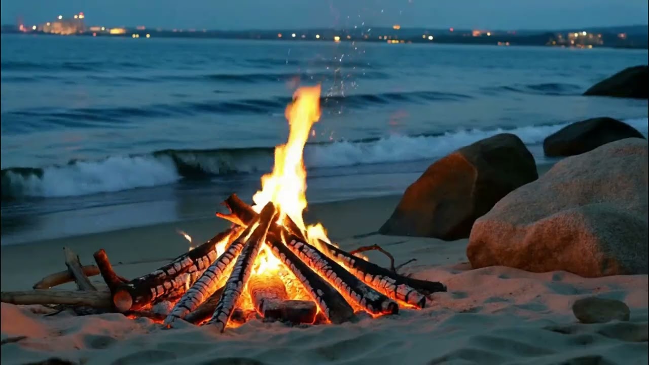 Peaceful Shoreline Bonfire – Soothing Sea Waves for Relaxation & Rest