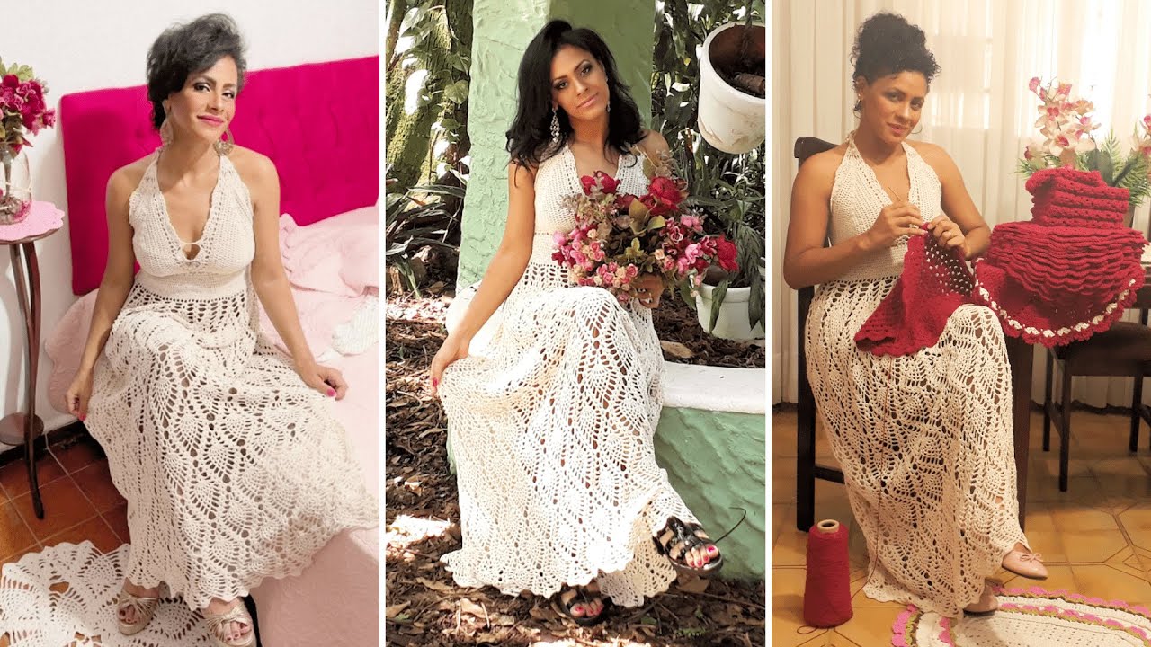 VESTIDO DE CROCHE Longo Noiva Ponto Abacaxi Ponto Pinha