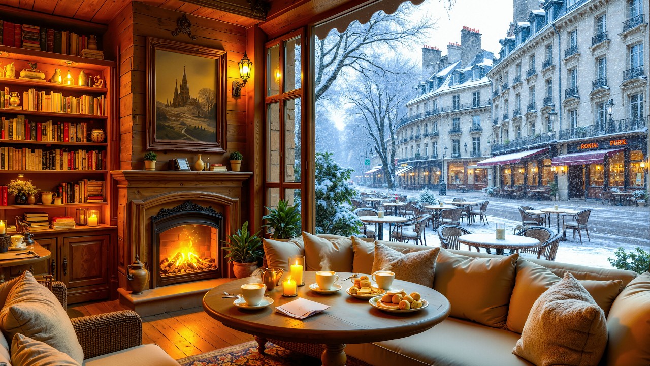 ❄️ Snowy Paris Fireplace Jazz 🔥 Cozy Café Window & Winter Street Ambience for Relaxation