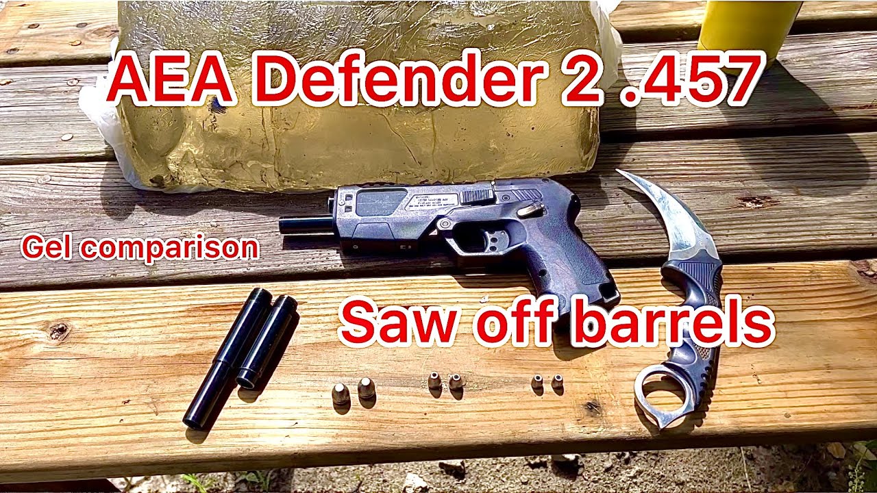AEA defender 2 .457 sawed off barrels vs. long, ballistics gel, reliability tips and more.
