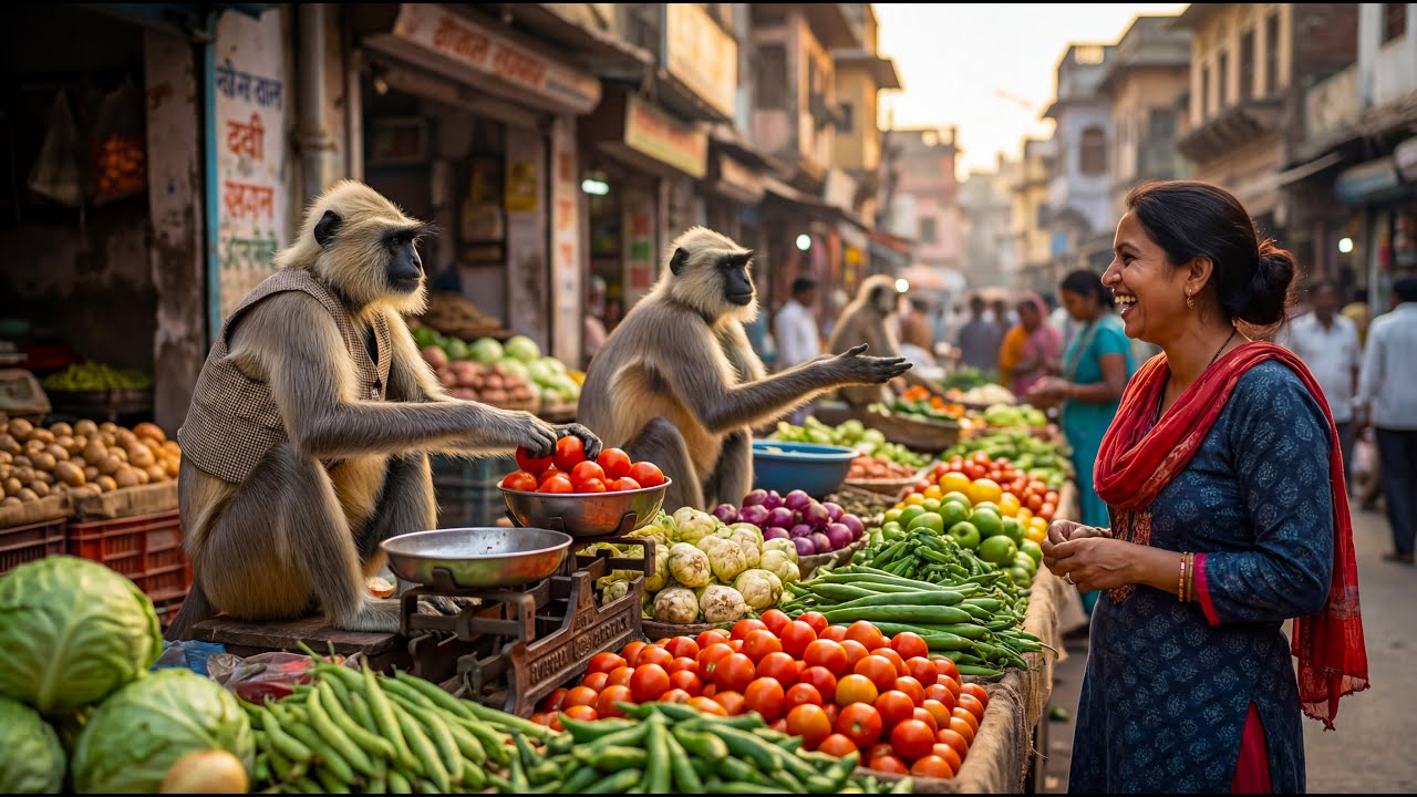 बंदरों ने मिलकर सब्ज़ी बेचना सीख लिया | Monkeys Learned to Sell Vegetables Together
