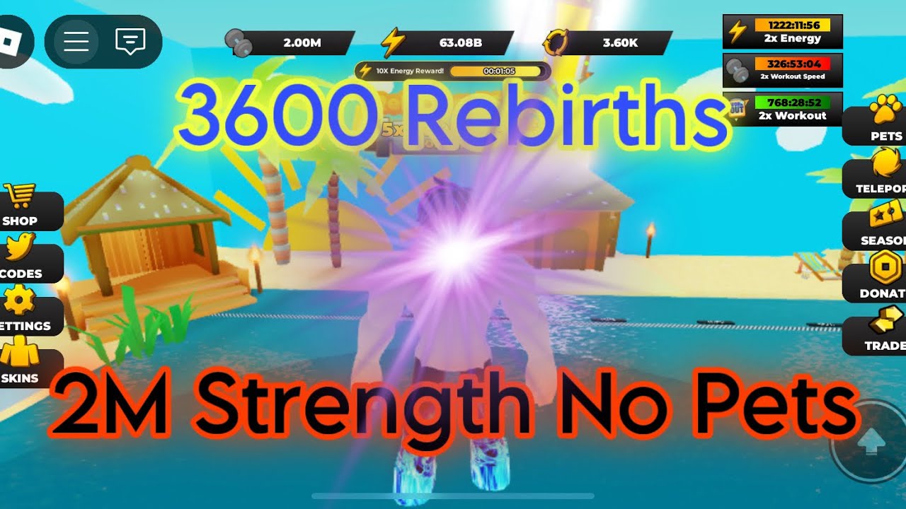 Getting my 3600th rebirth and 2 Million Strength with NO pets in Roblox Strongman Simulator