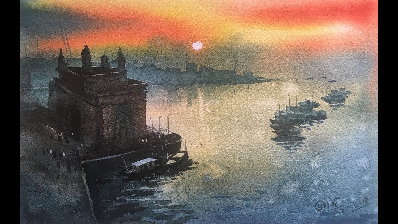 Watercolor Painting without drawing of sunrise at Gateway of india.