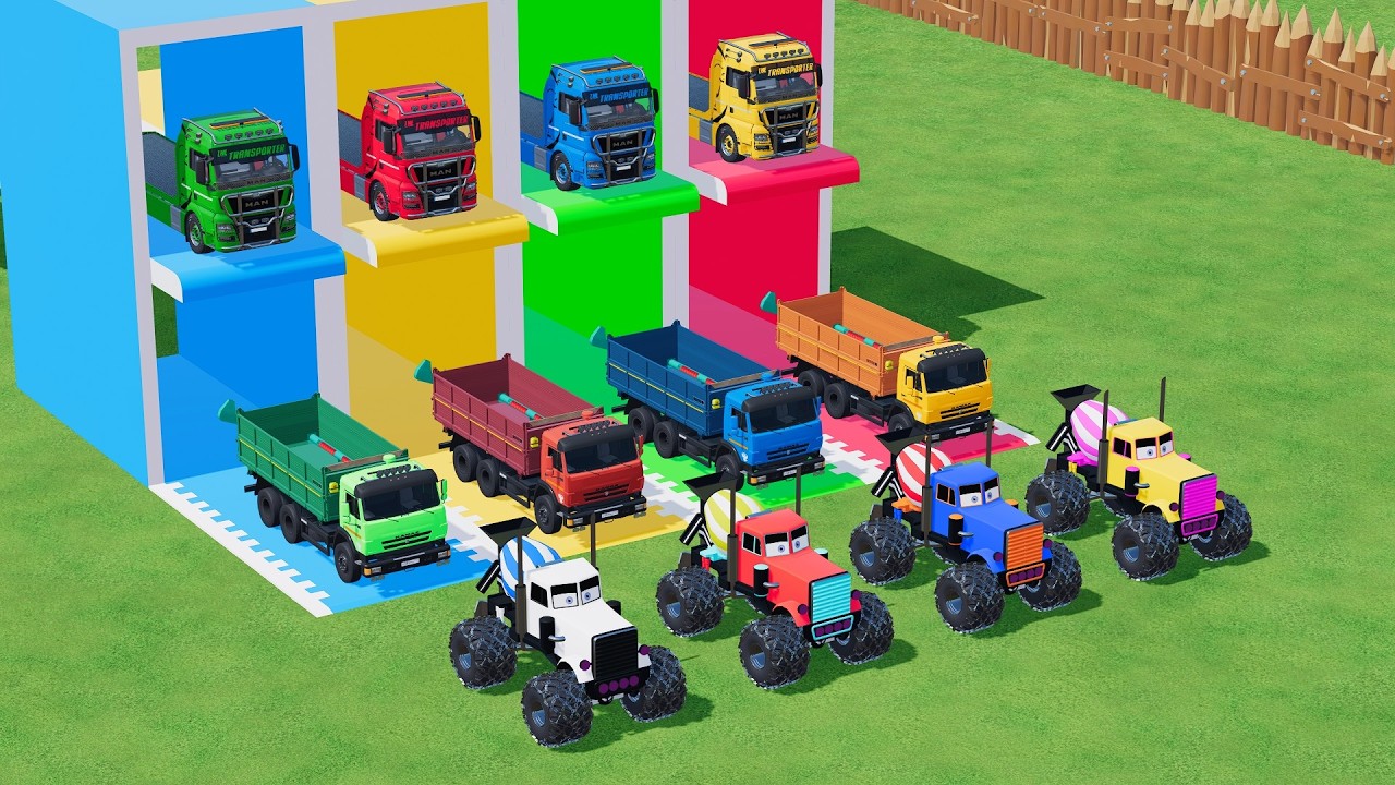 Garage with Colors   ALL MIXER TRUCK WITH DOUBLE FLATBED TRAILER TRUCK, KENWORTH, PAZ, KAMAZ, MAN
