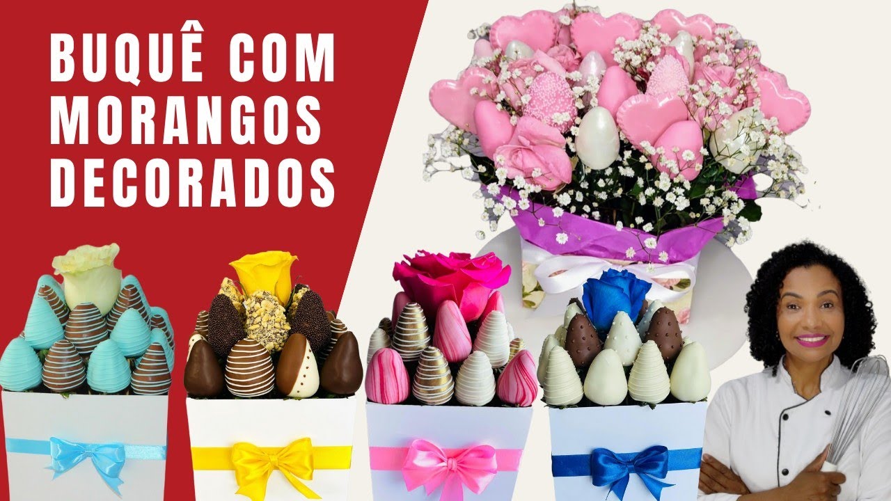 BUQUÊ COM MORANGOS DECORADOS 🍓🍓 COM CHOCOLATE 🍫🍫 @ElvitaReceitasdoMeuJeito