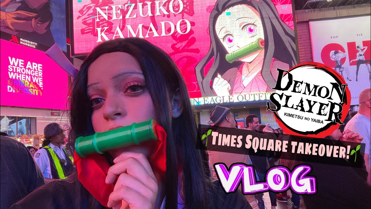 🌱Demon Slayer: Kimetsu no Yaiba Times Square takeover 🗽🎋+ Nezuko cosplay wig tutorial 🌸🌱