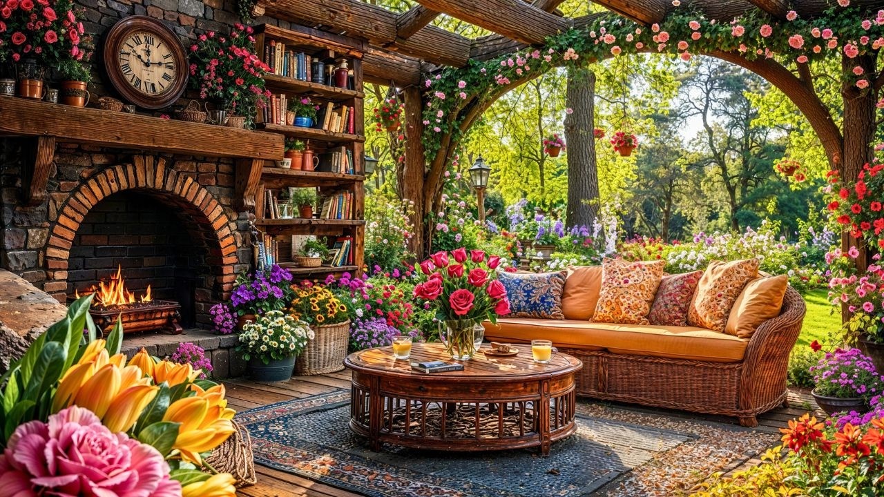 🌸 Spring Jazz Cafe Ambience ☕ Relaxing Smooth Jazz Music with Cozy Fireplace & Garden View for Work