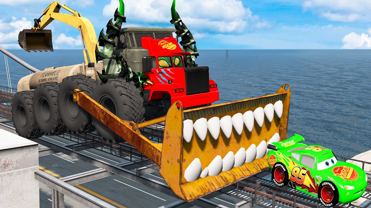 Giant CRUSHER DOZER Mack Truck Eater VS Cars Lightning McQueen Escape Monster Beamng Drive