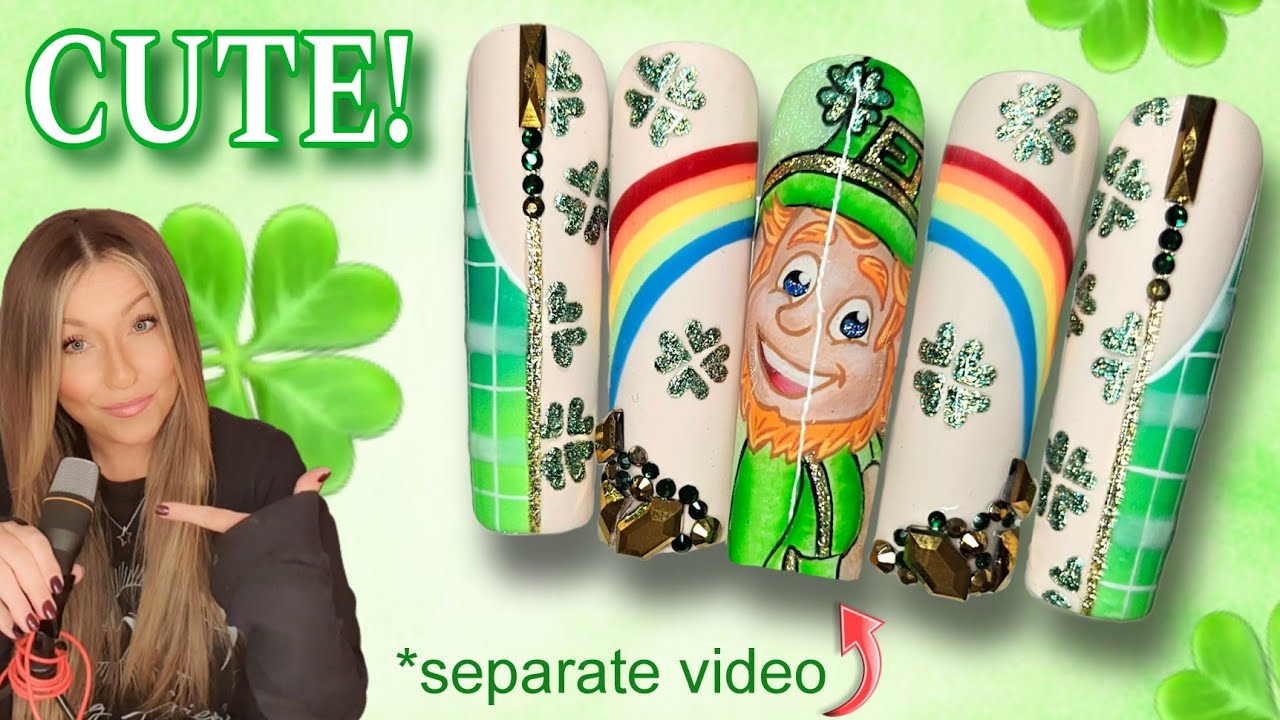 🍀 St Patrick's Day Nail Art Design | Easy Pigment Ombre | Rainbow Bling Glitter Shamrock | Green