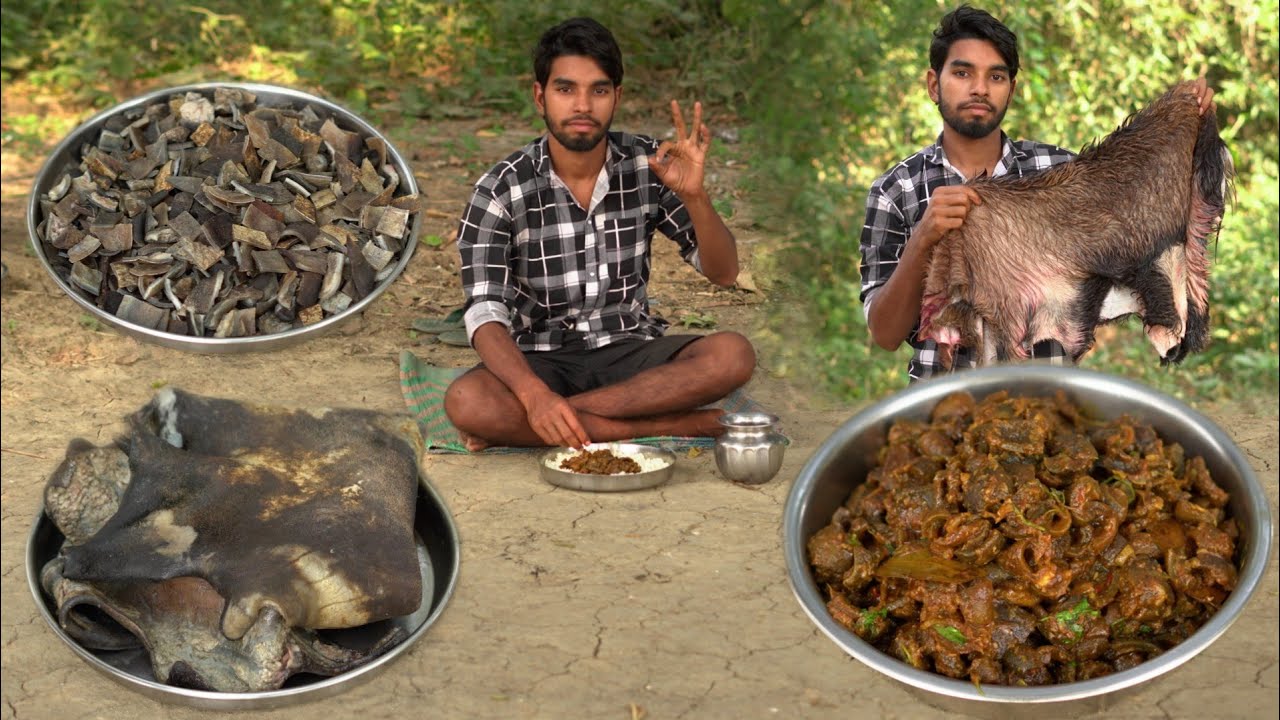 How to Clean Goat Skin | Delicious Mutton Skin Curry Recipe Cooking & Eating in village| Bihari food