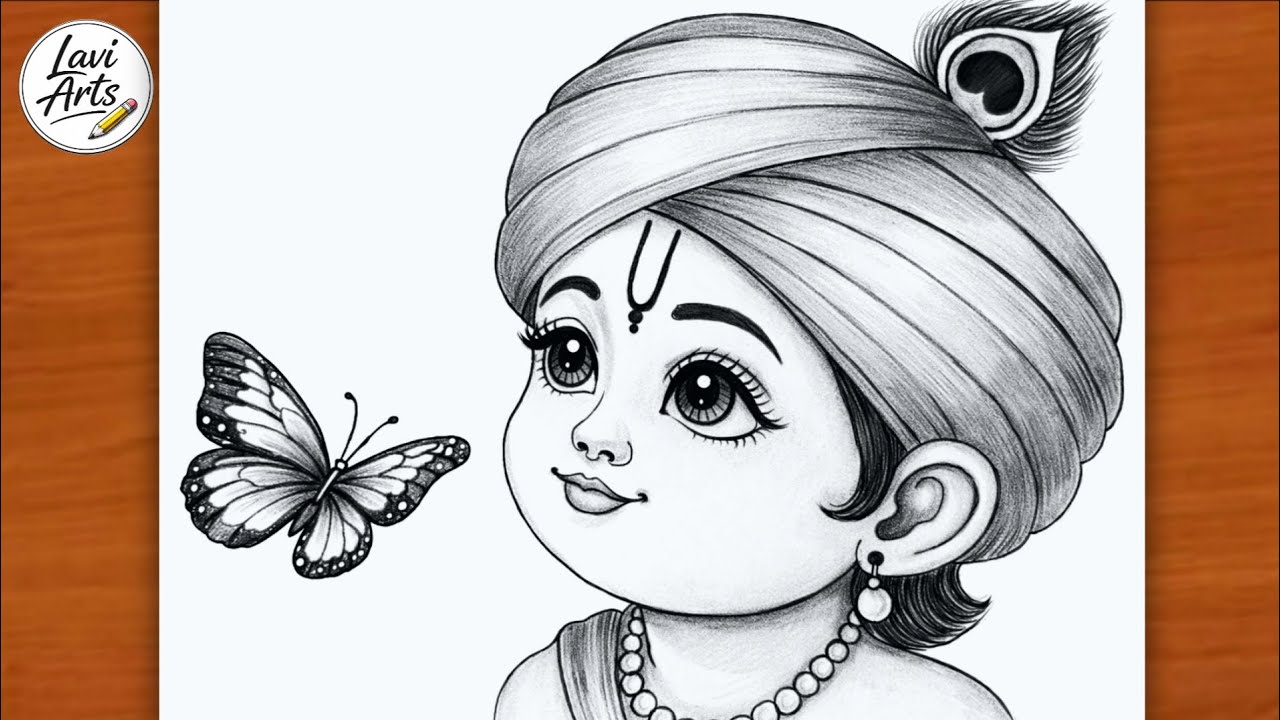 Bal Krishna drawing with butterfly | Krishna drawing | bhagwan drawing | easy drawing | chitra