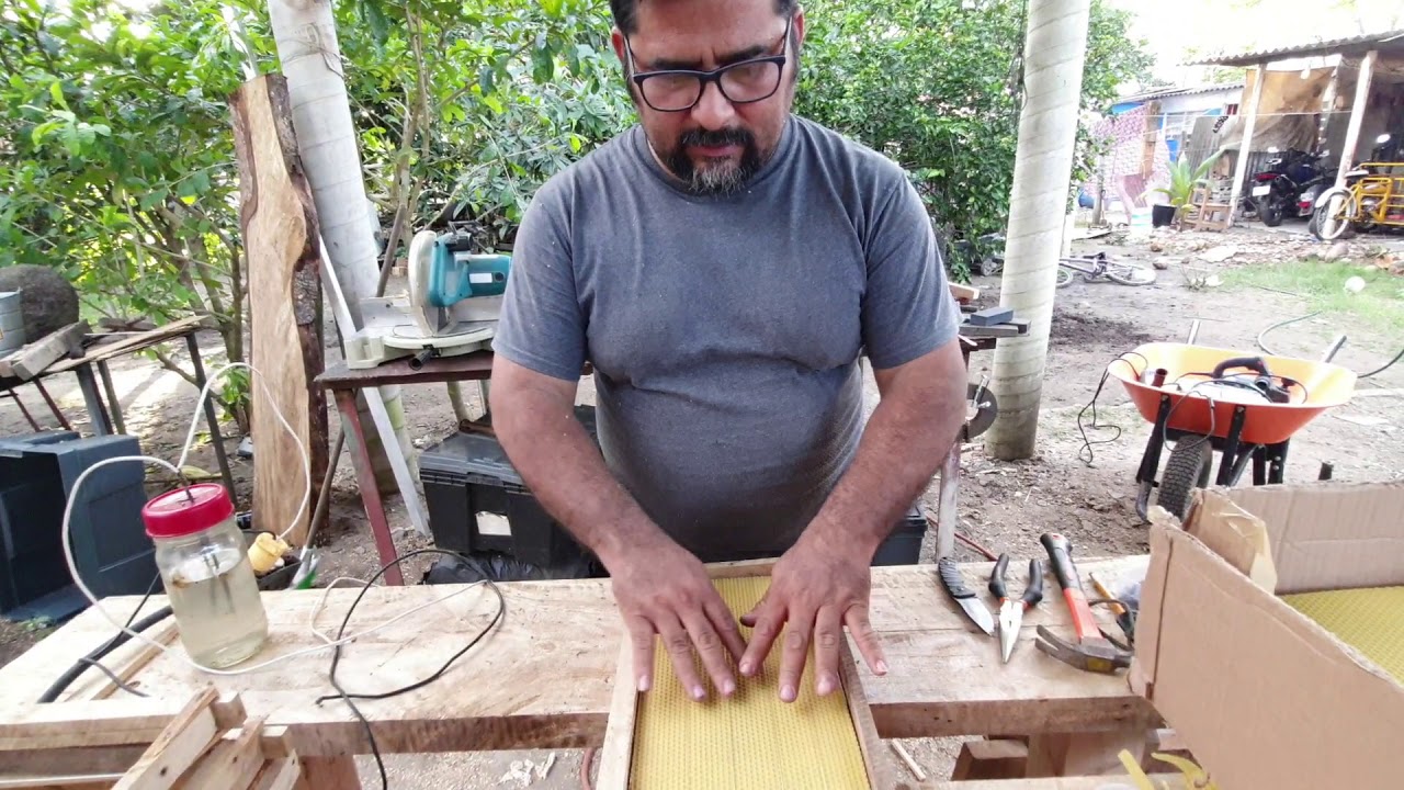 como pegar cera en bastidor para abejas apis melifera