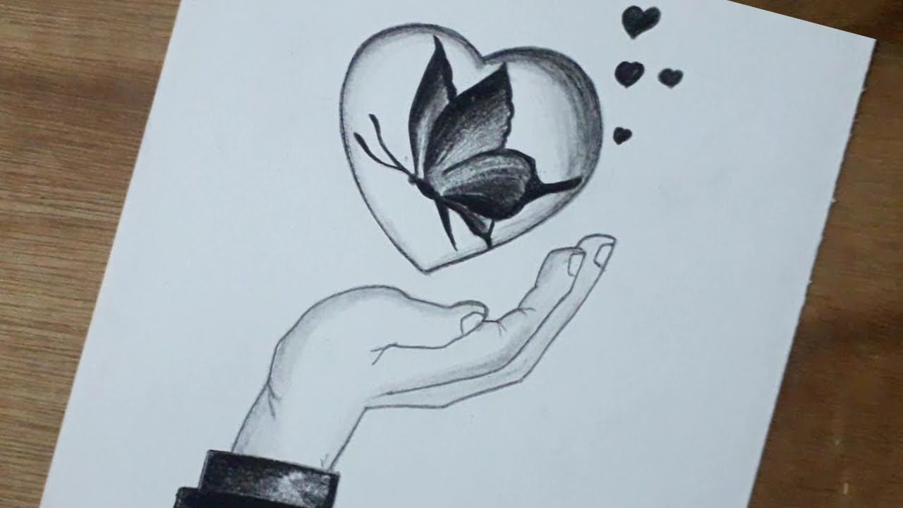 Pencil drawing of beautiful butterfly inside love/butterfly drawing