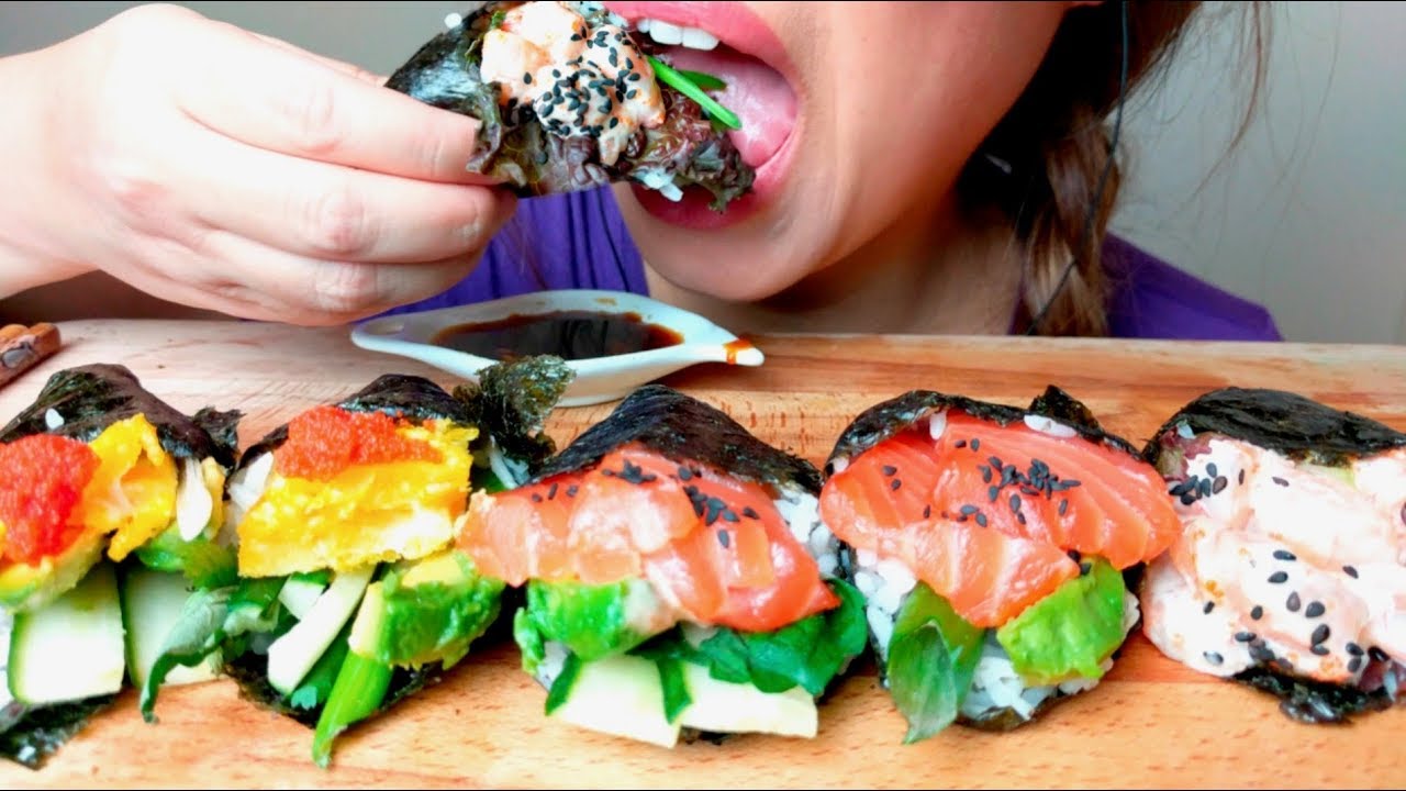 ASMR Raw Salmon Sushi + Spicy Tuna + Tamago Egg Hand Roll 🍣Temaki 手巻き寿司 *No Talking* suellASMR