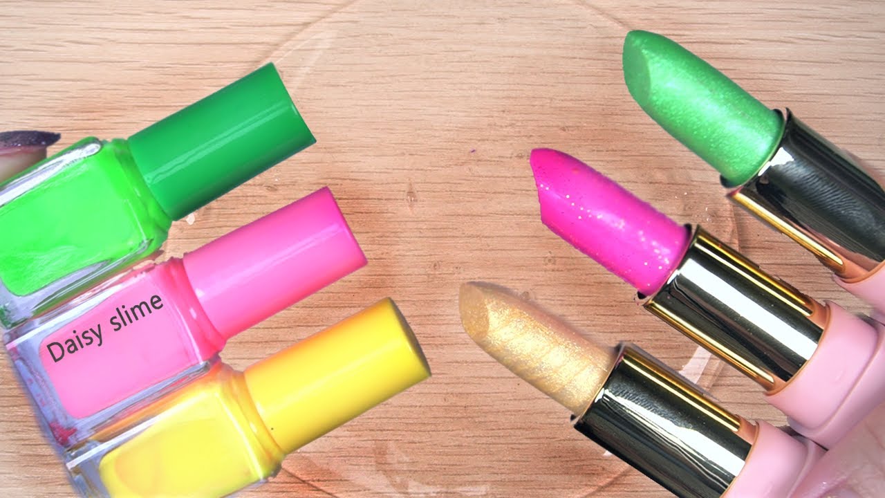 #ASMR Slime coloring with lipstick, eyeshadow, Makeup into clear slime #satisfying #lipstickslime