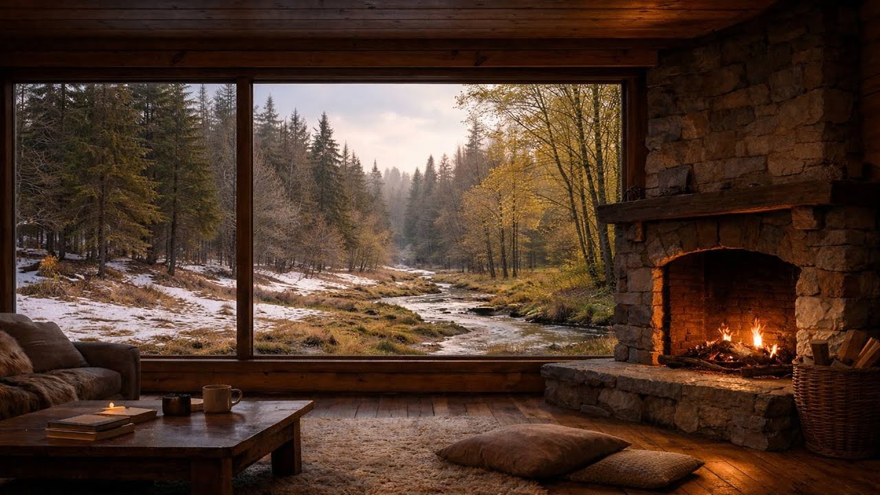 Cozy Cabin Ambience | Warm Fireplace Glow & Early Spring Forest View