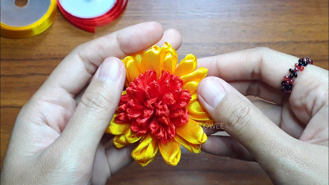 Beautiful flowers from satin ribbon / DIY - Gerbera ribbon flowers tutorial