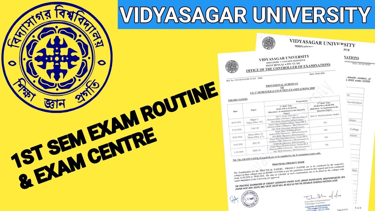 Vidyasagar University 1st Sem Exam Routine 2025 | UG 1st Semester Exam Centre List  VU Latest Notice