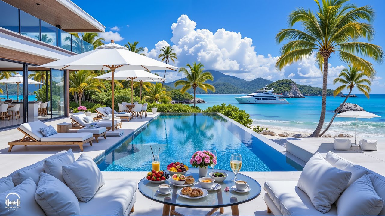 Happy Morning Bossa Nova Jazz & Ocean Wave Sounds at Seaside Villa Ambience for Uplifting Your Moods