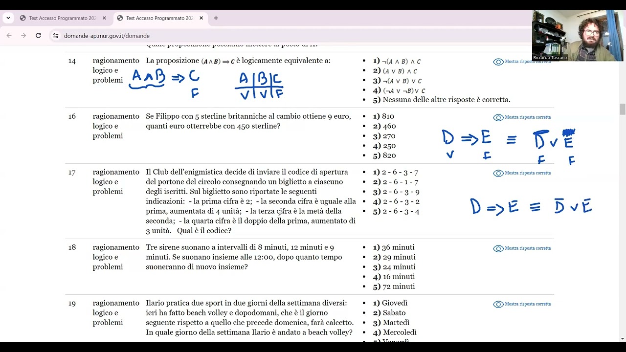Maggio 2024 | Logica n° 14 | La proposizione (A ∧ B) ⇒ C è logicamente equivalente a: