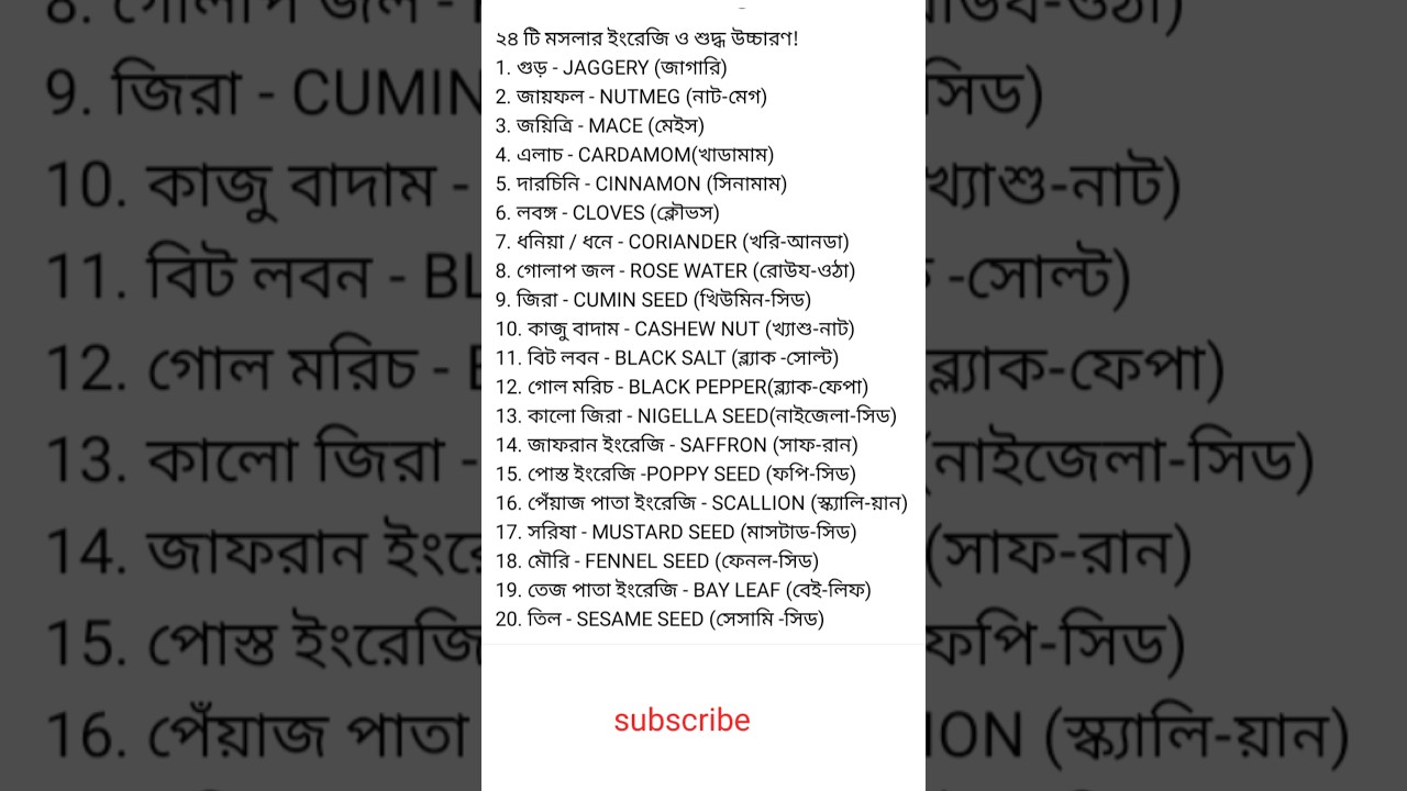 বাংলাদেশী মসলার তালিকা ও তার ইংরেজি নাম#Spice Names in English #shortvideo