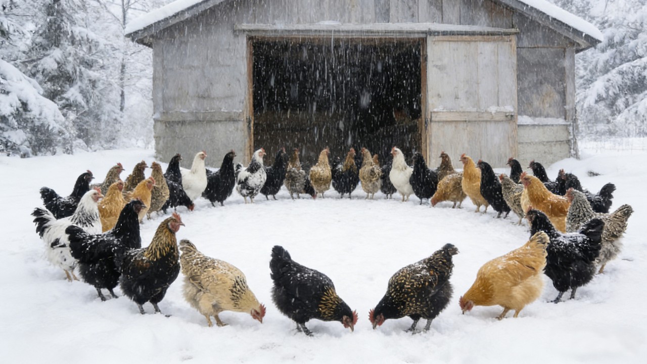 Sweep the chicken coop for 50 chickens on a snowy morning