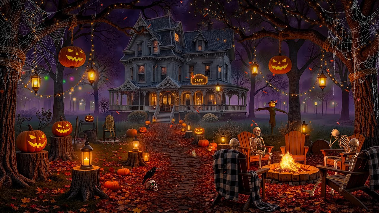 Haunted Coffeehouse Halloween Ambience🎃Best Halloween Jazz 2025 & Crackling Fire,Night Spooky Sounds