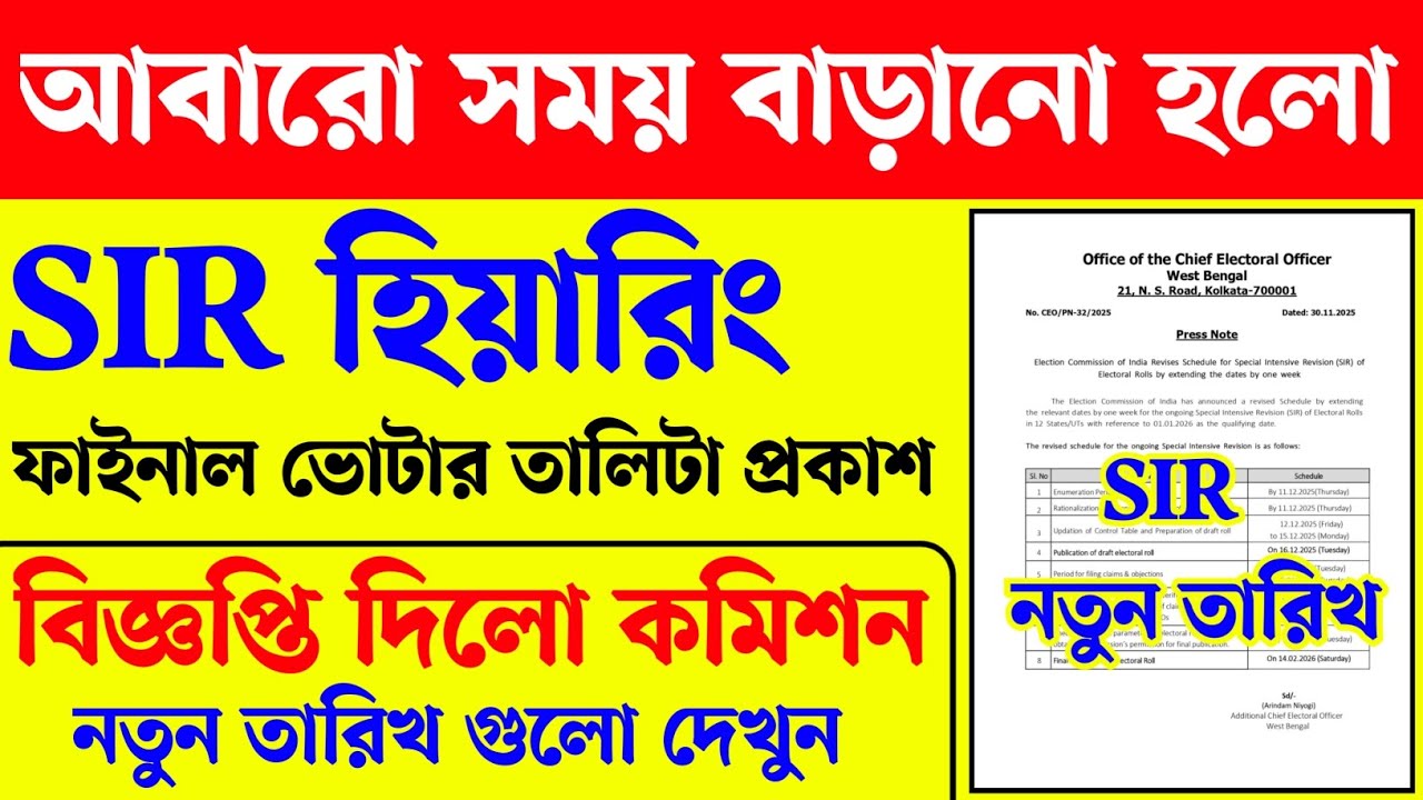 ফাইনাল ভোটার লিস্ট প্রকাশের সময় বাড়লো। নতুন নিয়ম জানালো কমিশন। SIR Hearing। Final voter list 2026