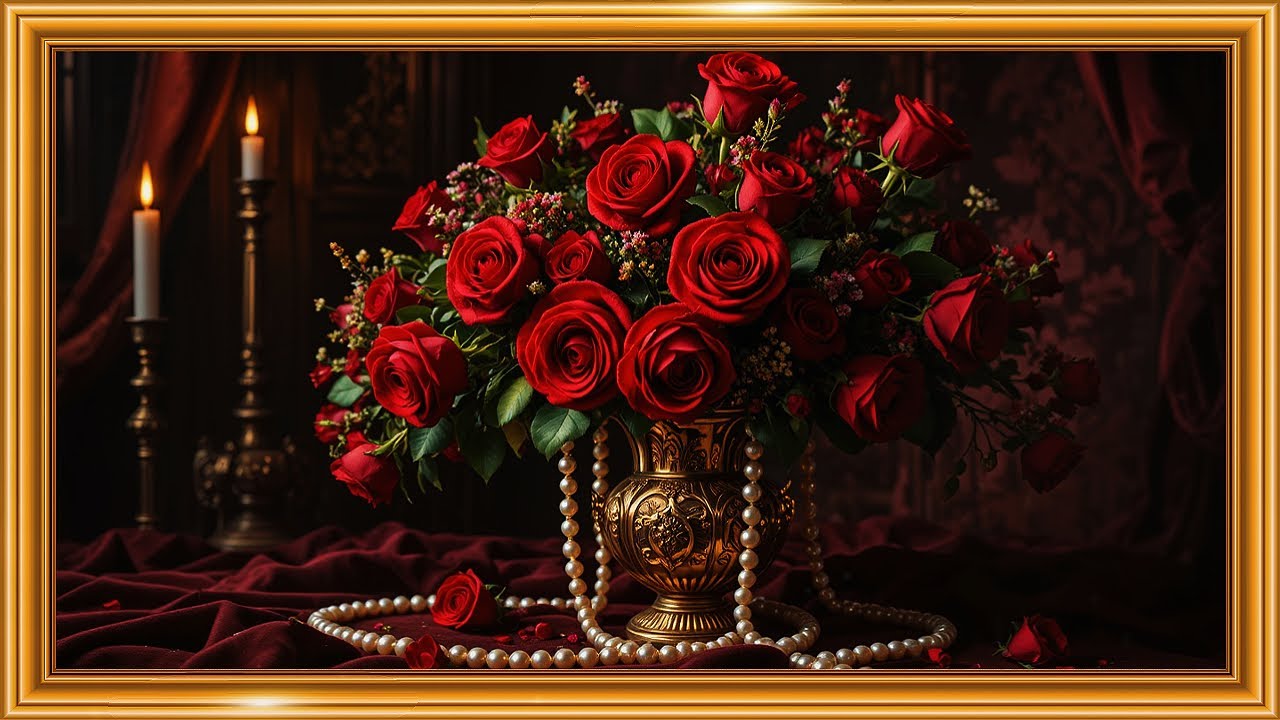 Valentine Roses & Pearls Still Life | Luxury Baroque Art in 4K